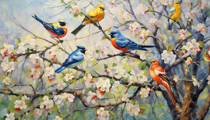 Six Birds In Spring  Paint by Numbers Kit