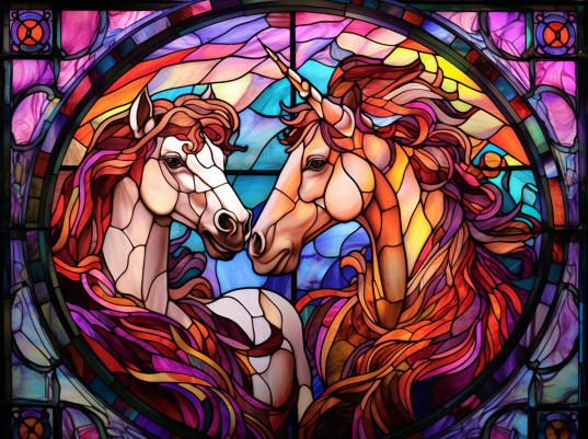 Horse And Unicorn On Stained Glass