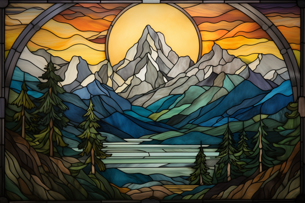 Rocky Mountain Range On Stained Glass