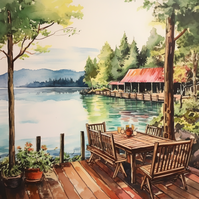 Watercolor Vintage Lakeside Dining