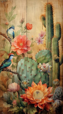 Colorful Cacti And Birds Painted On Wood