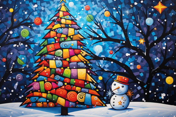 Colorful Christmas Tree And Snowman