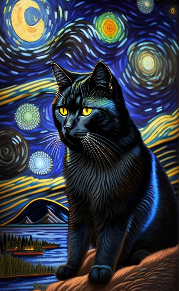 Black Cat Starry Night Sky