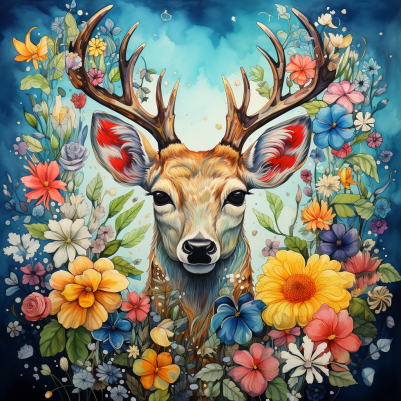 Featuring Vibrant Flowers And Deer