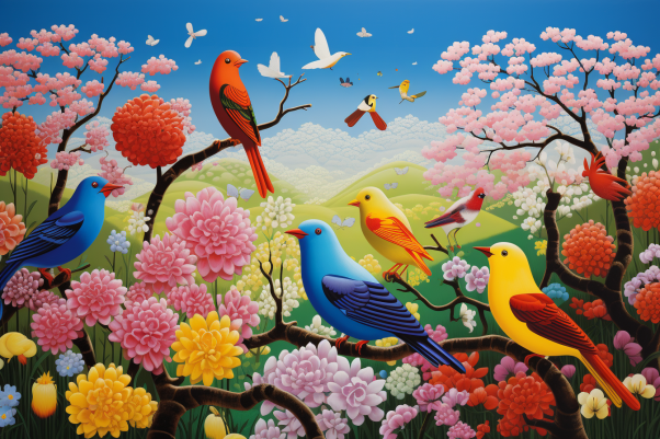 Playful Spring Birds On Branches  Paint by Numbers Kit