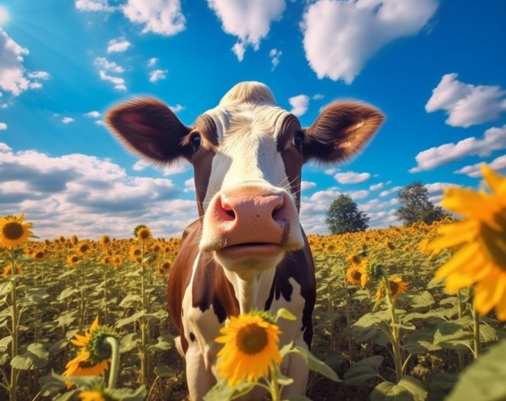 Blue Sky, Field Of Sunflowers And Sweet Brown Cow
