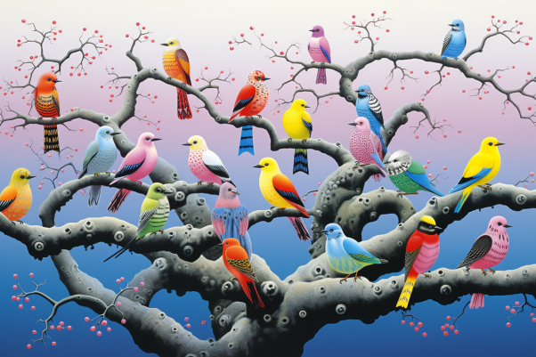 Colorful Birds On Tree Branches
