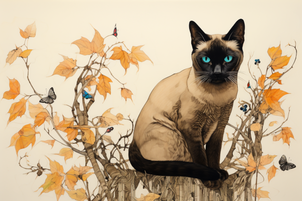 Siamese Cat In Leaves