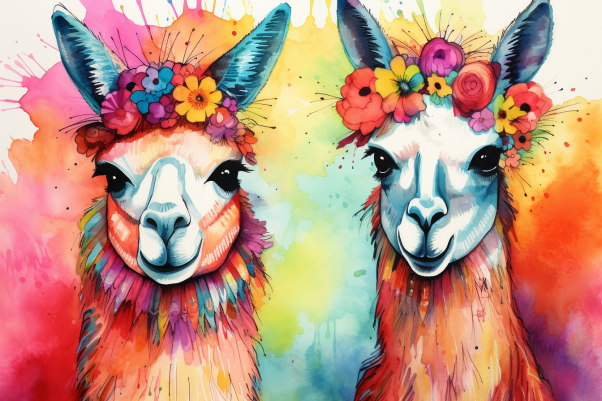 Watercolor Coloful Mexican Llamas