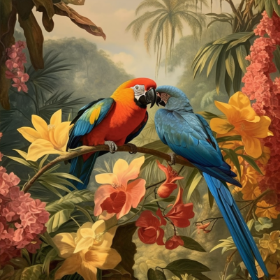 Two Flirty Tropical Birds On A Branch