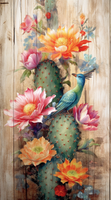 Bird And Cacti Painting On Wood