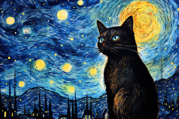 Starry Night And Sweet Black Cat  Paint by Numbers Kit