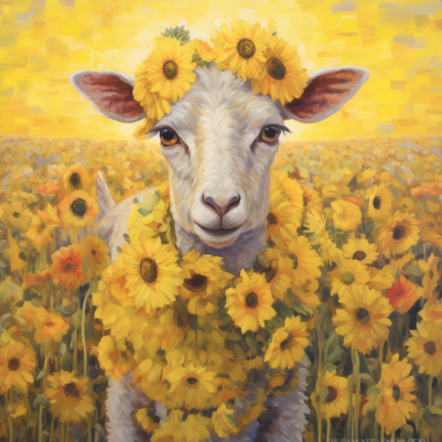 Gplden Sky. Sheep In Sunflowers