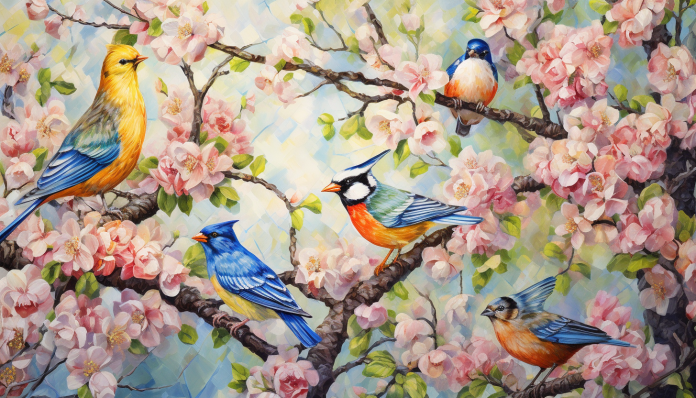 Five Birds On Branches  Paint by Numbers Kit