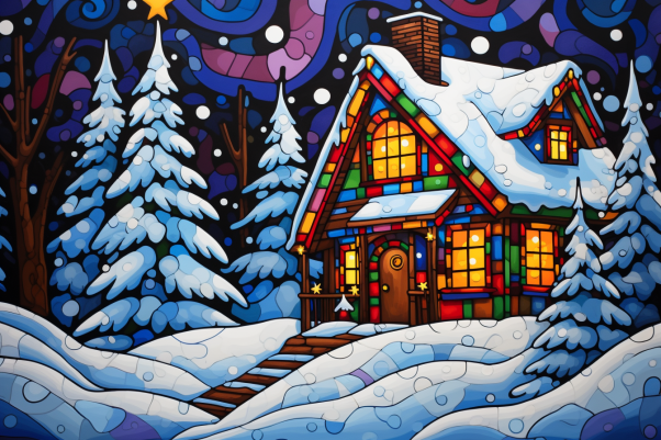 Christmas Cabin On Snowy Night