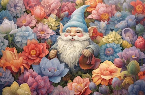Adorable Old Gnome Among Flowers