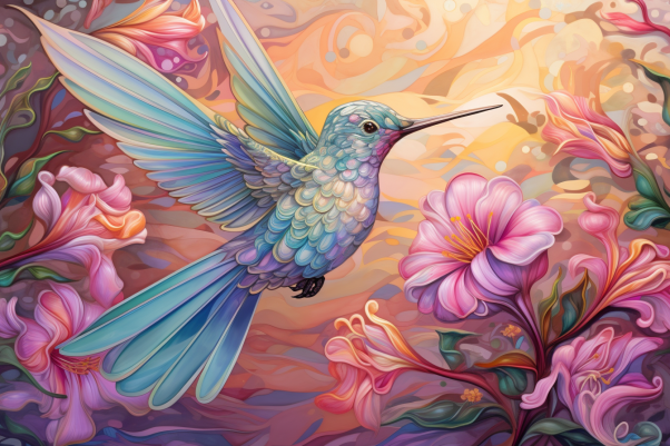 Groovy Flowers And Gentle Hummingbird