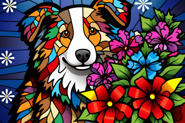 Bold Colorful Australian Sheperd And Flowers  Paint by Numbers Kit