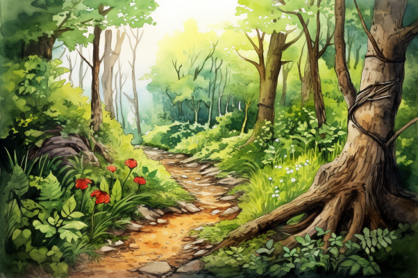 Watercolor Path In Pretty Forest