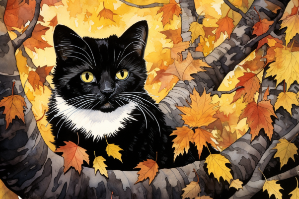 Black And White Cat In Leaves