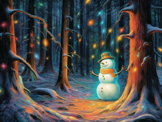 A Happy Snowman In A Glowing Forest