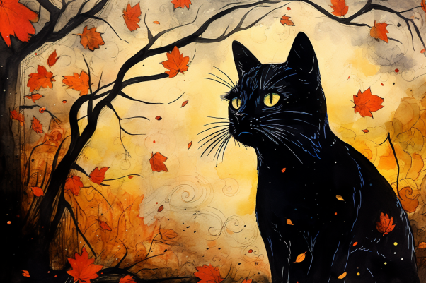 Worried Black Cat In The Fall