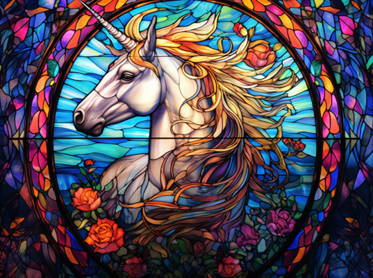 Unicorn On Blue Stained Glass