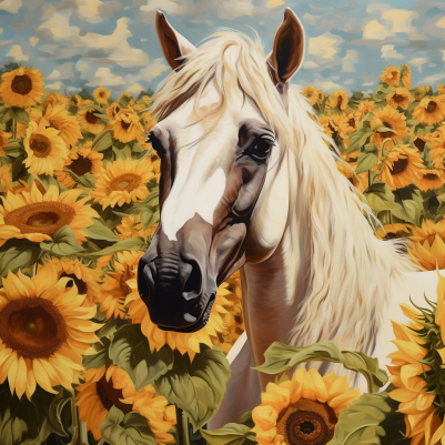 White Horse And Sunflowers