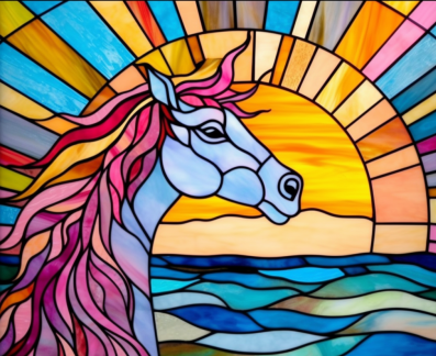 Magical Horse and Sea on Stained Glass