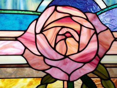 Pink Rose On Stained Glass With Blue And Yellow