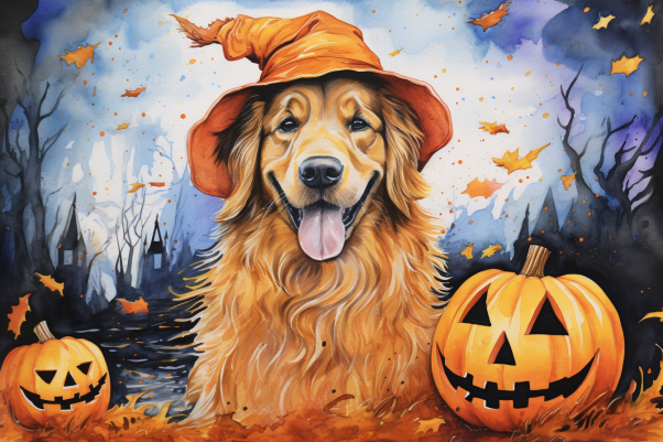 Happy Halloween Golden Retriever And Jack O Lanterns