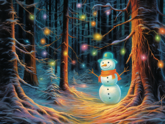 A Happy Glowing Snowman In A Glowing Forest