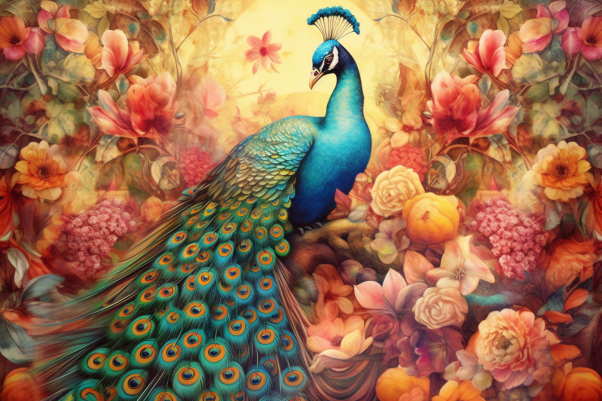 Graceful Peacock Among Golden Flowers  Paint by Numbers Kit