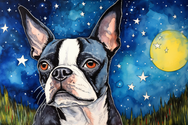 Watercolor Starry Night Boston Terrier  Paint by Numbers Kit