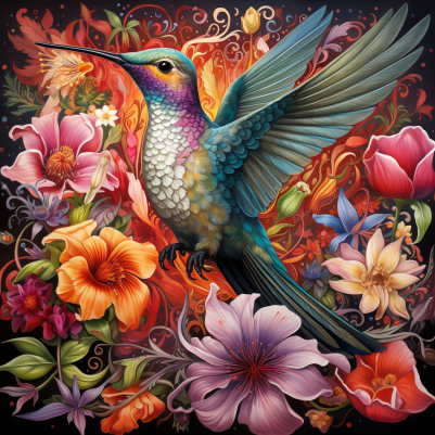 Mesmerizing Vibrant Flowers And Hummingbird