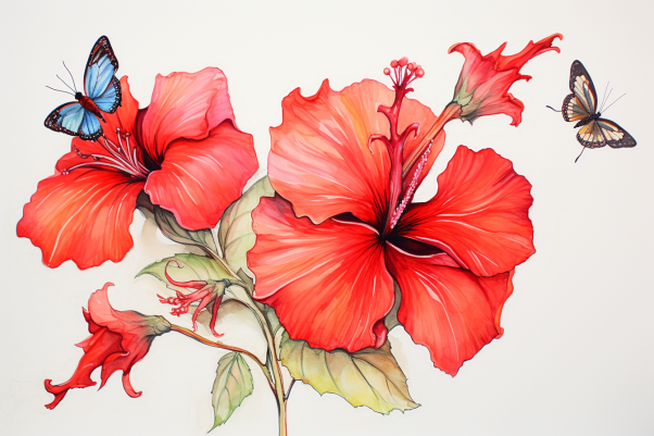 Watercolor Hibiscus And Butterflies