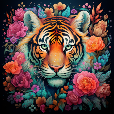 Strong Tiger Amongst Flowers