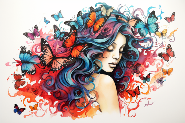 Watercolor Girl And Her Butterflies