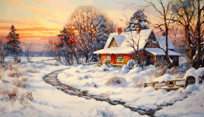 Golden Sky Over Winter Farmhouse  Paint by Numbers Kit