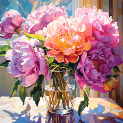 Brightly Lit Peonies In Bloom