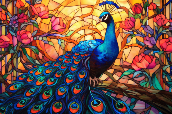 Graceful Vibrant Peacock On Stained Glass