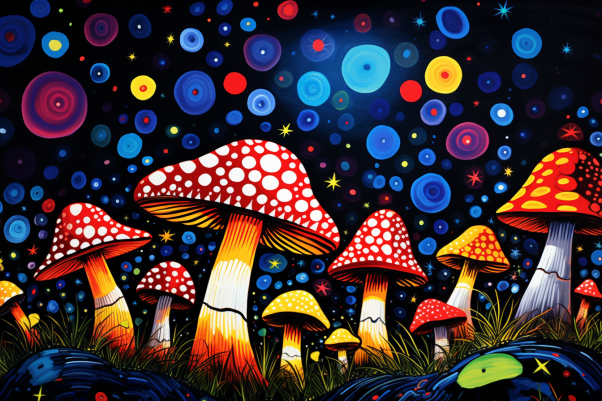 Bright Starry Night And Mushrooms