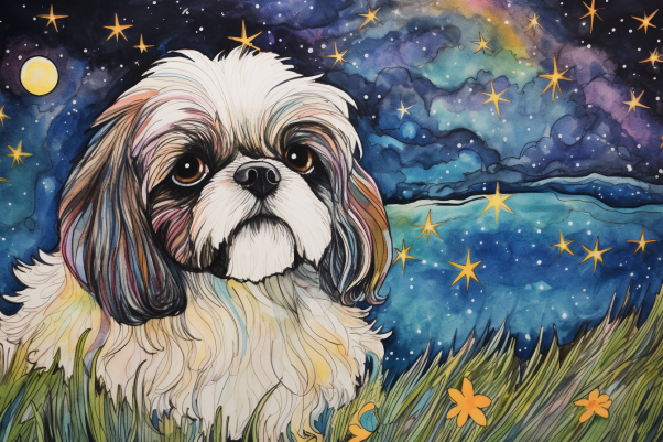 Watercolor Starry Night Shih Tzu