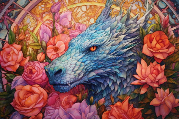 Dreamy Dragon Among Blooming Flowers