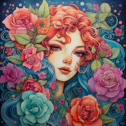 Girl With Red Hair Among Flowers