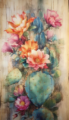 Colorful Cacti Painting On Wood