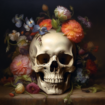 Light Shining On A Skull With Flowers