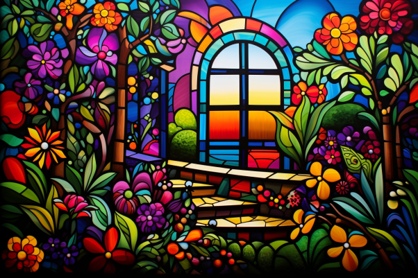 Flowers And Window On Stained Glass
