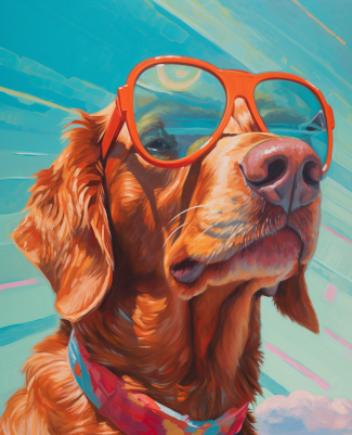 Golden Retriever In Orange Glasses Looking Yonder