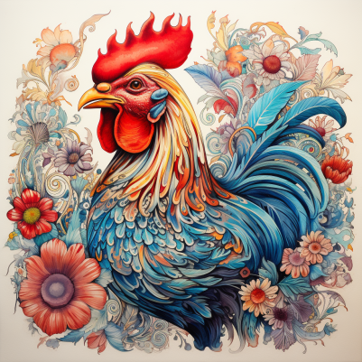 Mesmerizing Rooster And Flowers